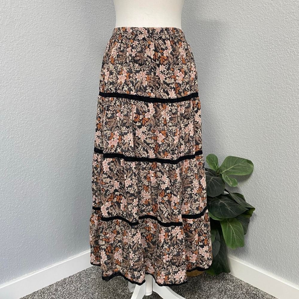 AMERICAN EAGLE BROWN PINK ORANGE FLORAL BLACK LACE TRIM MAXI SKIRT EURO COTTAGE